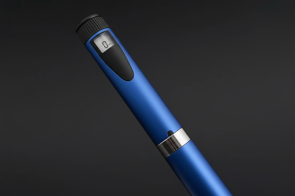 Blue injection pen close-up at 45 degrees