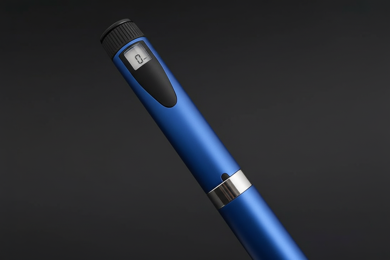 Blue injection pen close-up at 45 degrees