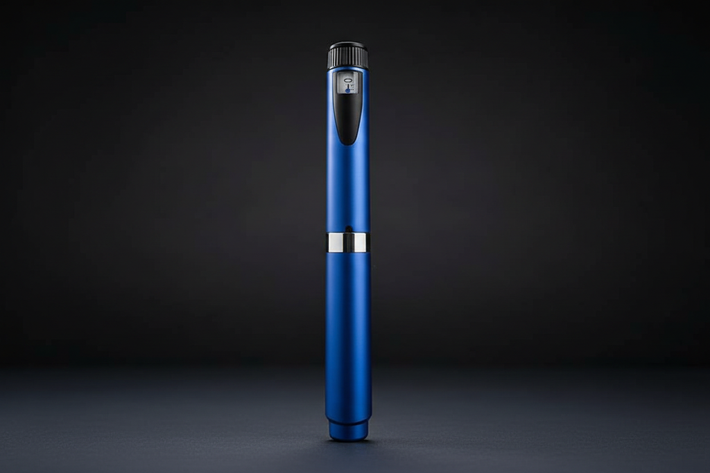 Blue injection pen standing upright