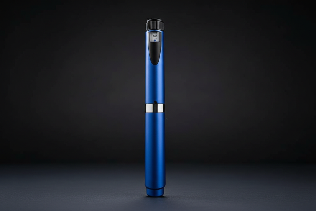 Blue injection pen standing upright