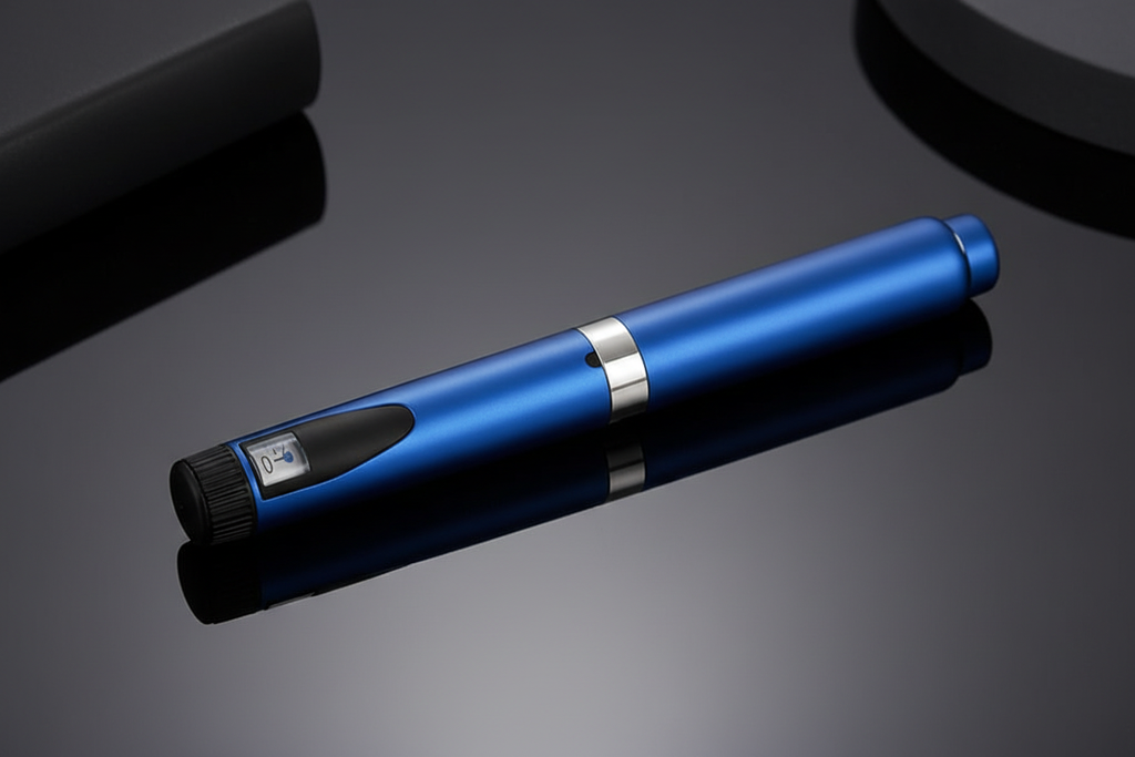 Blue injection pen with dark professional background